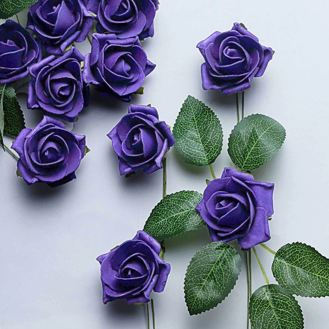 HIER_5120 24 Roses | 2" Purple Artificial Foam Rose With Stem And Leaves - 16 Colors 12 HIER_5120 24 Roses | 2" Purple Artificial Foam Rose With Stem And Leaves - 16 Colors