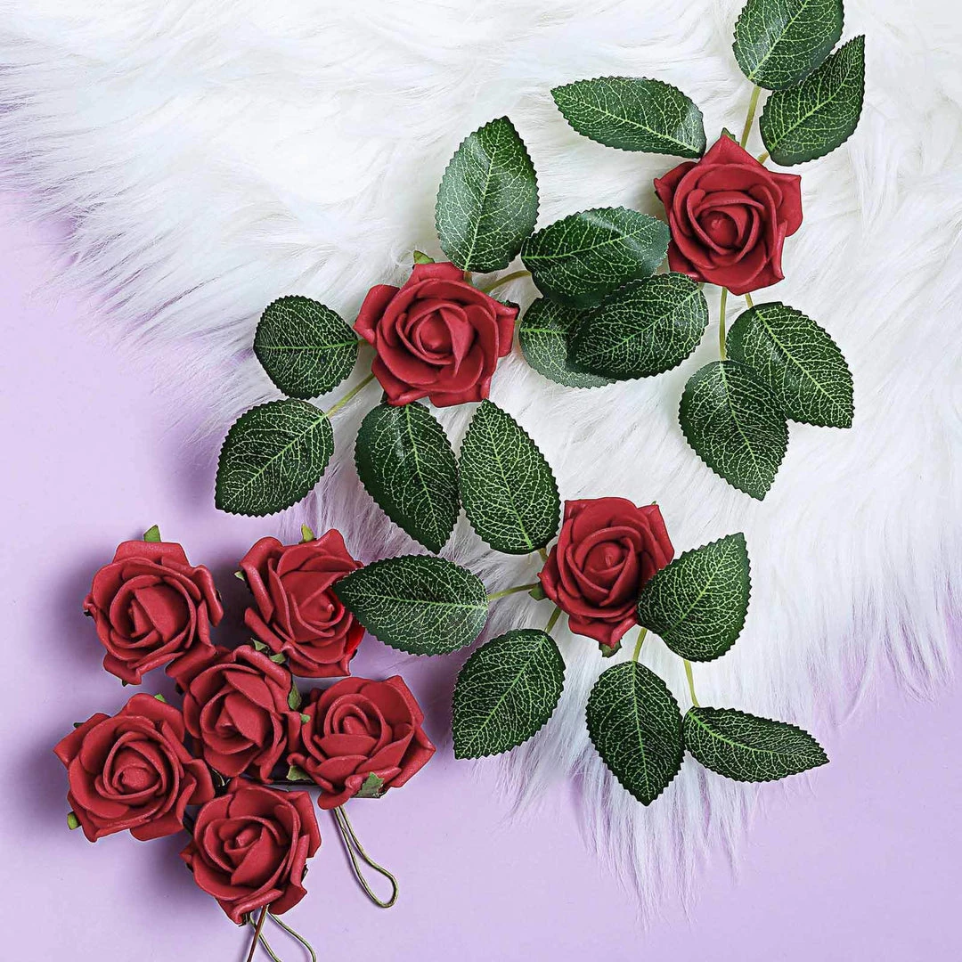 HIER_5120 24 Roses | 2" Red Artificial Foam Rose With Stem And Leaves - 16 Colors 3 HIER_5120 24 Roses | 2" Red Artificial Foam Rose With Stem And Leaves - 16 Colors