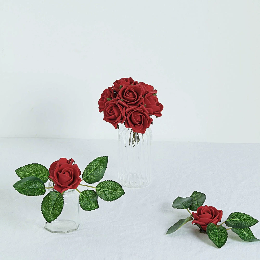 HIER_5120 24 Roses | 2" Red Artificial Foam Rose With Stem And Leaves - 16 Colors 13 HIER_5120 24 Roses | 2" Red Artificial Foam Rose With Stem And Leaves - 16 Colors