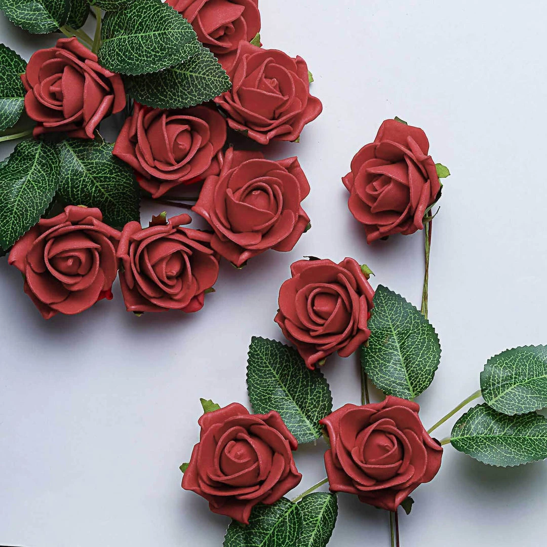 HIER_5120 24 Roses | 2" Red Artificial Foam Rose With Stem And Leaves - 16 Colors 12 HIER_5120 24 Roses | 2" Red Artificial Foam Rose With Stem And Leaves - 16 Colors