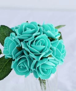 HIER_5120 Craft Flowers 24 Roses | 2" Turquoise Artificial Foam Rose With Stem And Leaves - 16 Colors