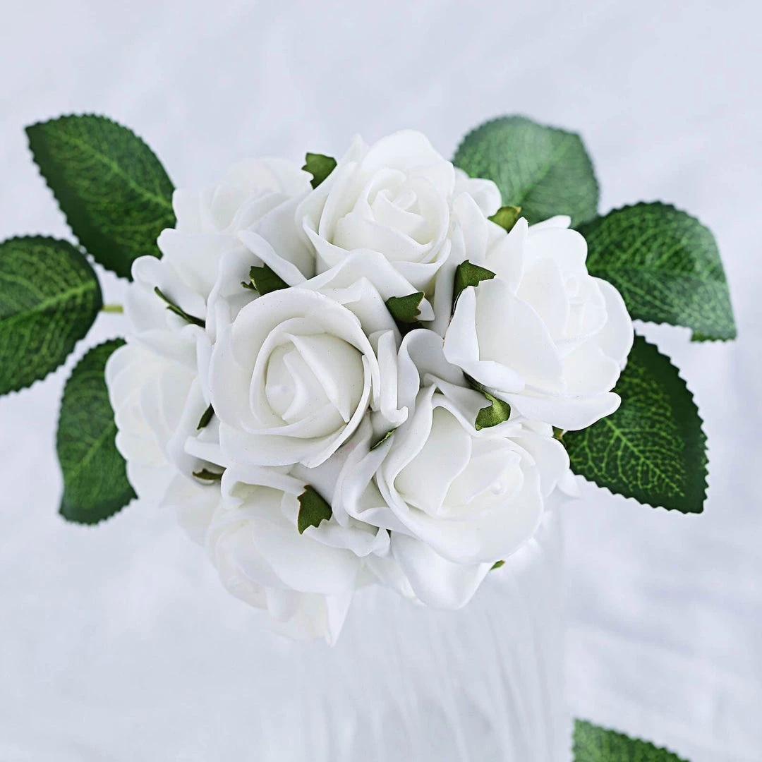 HIER_5120 24 Roses | 2" White Artificial Foam Rose With Stem And Leaves - 16 Colors 4 HIER_5120 24 Roses | 2" White Artificial Foam Rose With Stem And Leaves - 16 Colors