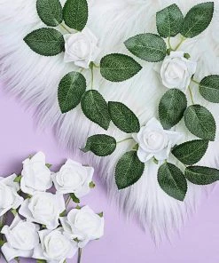 HIER_5120 24 Roses | 2" White Artificial Foam Rose With Stem And Leaves - 16 Colors