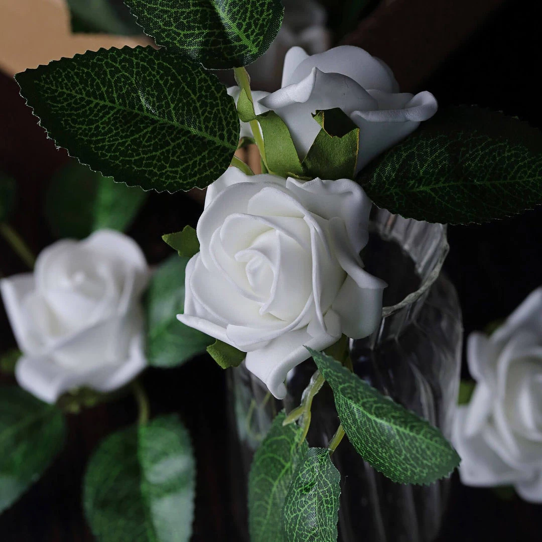 HIER_5120 24 Roses | 2" White Artificial Foam Rose With Stem And Leaves - 16 Colors 14 HIER_5120 24 Roses | 2" White Artificial Foam Rose With Stem And Leaves - 16 Colors