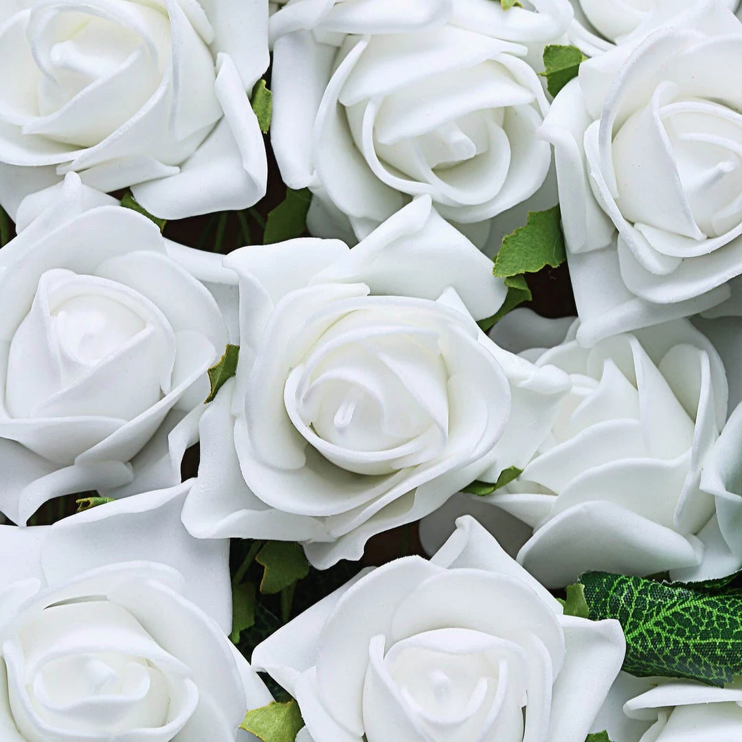 HIER_5120 24 Roses | 2" White Artificial Foam Rose With Stem And Leaves - 16 Colors 18 HIER_5120 24 Roses | 2" White Artificial Foam Rose With Stem And Leaves - 16 Colors