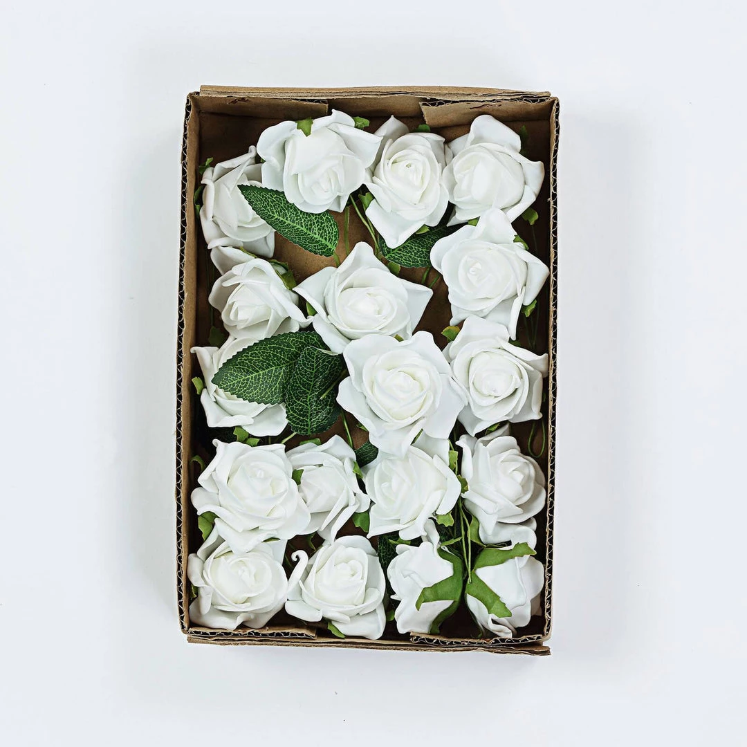HIER_5120 24 Roses | 2" White Artificial Foam Rose With Stem And Leaves - 16 Colors 9 HIER_5120 24 Roses | 2" White Artificial Foam Rose With Stem And Leaves - 16 Colors