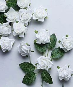 HIER_5120 24 Roses | 2" White Artificial Foam Rose With Stem And Leaves - 16 Colors 27 HIER_5120 24 Roses | 2