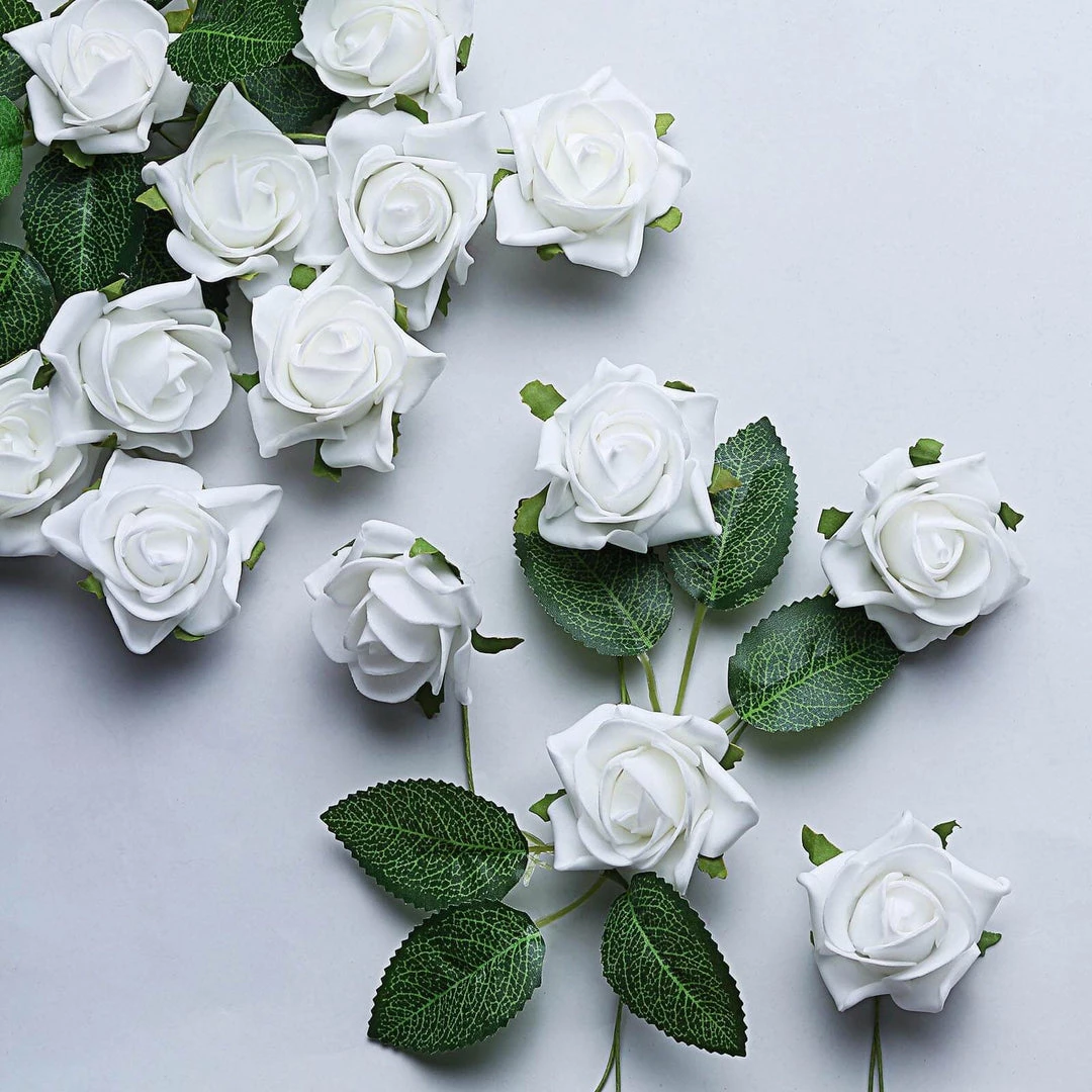 HIER_5120 24 Roses | 2" White Artificial Foam Rose With Stem And Leaves - 16 Colors 12 HIER_5120 24 Roses | 2" White Artificial Foam Rose With Stem And Leaves - 16 Colors