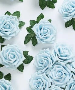 HIER_5120 24 Roses | 5" Dusty Blue Artificial Foam Rose With Stems And Leaves - 16 Colors