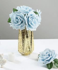 HIER_5120 24 Roses | 5" Dusty Blue Artificial Foam Rose With Stems And Leaves - 16 Colors
