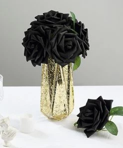 HIER_5120 Craft Flowers 24 Roses | 5" Black Artificial Foam Rose With Stems And Leaves - 16 Colors