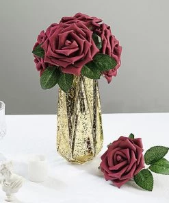 HIER_5120 24 Roses | 5" Burgundy Artificial Foam Rose With Stems And Leaves - 16 Colors