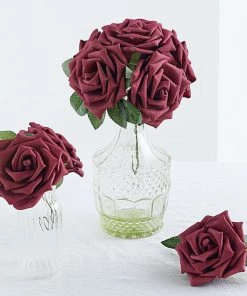 HIER_5120 24 Roses | 5" Burgundy Artificial Foam Rose With Stems And Leaves - 16 Colors