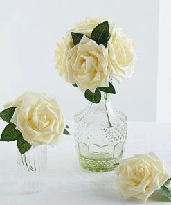 HIER_5120 Craft Flowers 24 Roses | 5" Cream Artificial Foam Rose With Stems And Leaves - 16 Colors