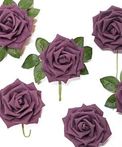 HIER_5120 24 Roses | 5" Eggplant Artificial Foam Rose With Stems And Leaves - 16 Colors Craft Flowers 16 HIER_5120 24 Roses | 5