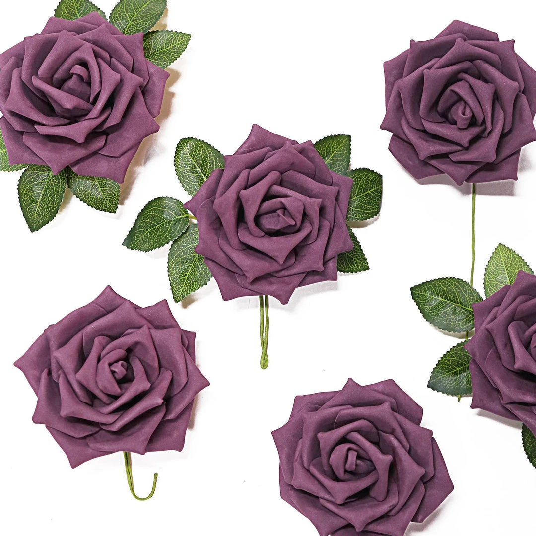 HIER_5120 24 Roses | 5" Eggplant Artificial Foam Rose With Stems And Leaves - 16 Colors Craft Flowers 5 HIER_5120 24 Roses | 5" Eggplant Artificial Foam Rose With Stems And Leaves - 16 Colors Craft Flowers