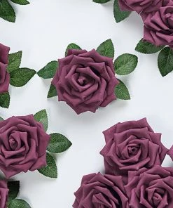 HIER_5120 24 Roses | 5" Eggplant Artificial Foam Rose With Stems And Leaves - 16 Colors Craft Flowers 18 HIER_5120 24 Roses | 5