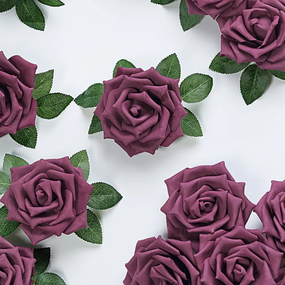 HIER_5120 24 Roses | 5" Eggplant Artificial Foam Rose With Stems And Leaves - 16 Colors Craft Flowers 7 HIER_5120 24 Roses | 5" Eggplant Artificial Foam Rose With Stems And Leaves - 16 Colors Craft Flowers