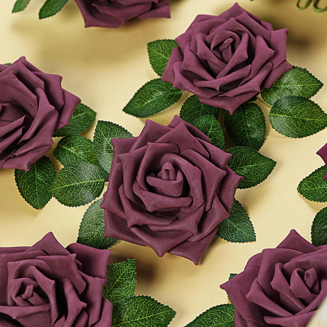 HIER_5120 24 Roses | 5" Eggplant Artificial Foam Rose With Stems And Leaves - 16 Colors Craft Flowers 12 HIER_5120 24 Roses | 5" Eggplant Artificial Foam Rose With Stems And Leaves - 16 Colors Craft Flowers