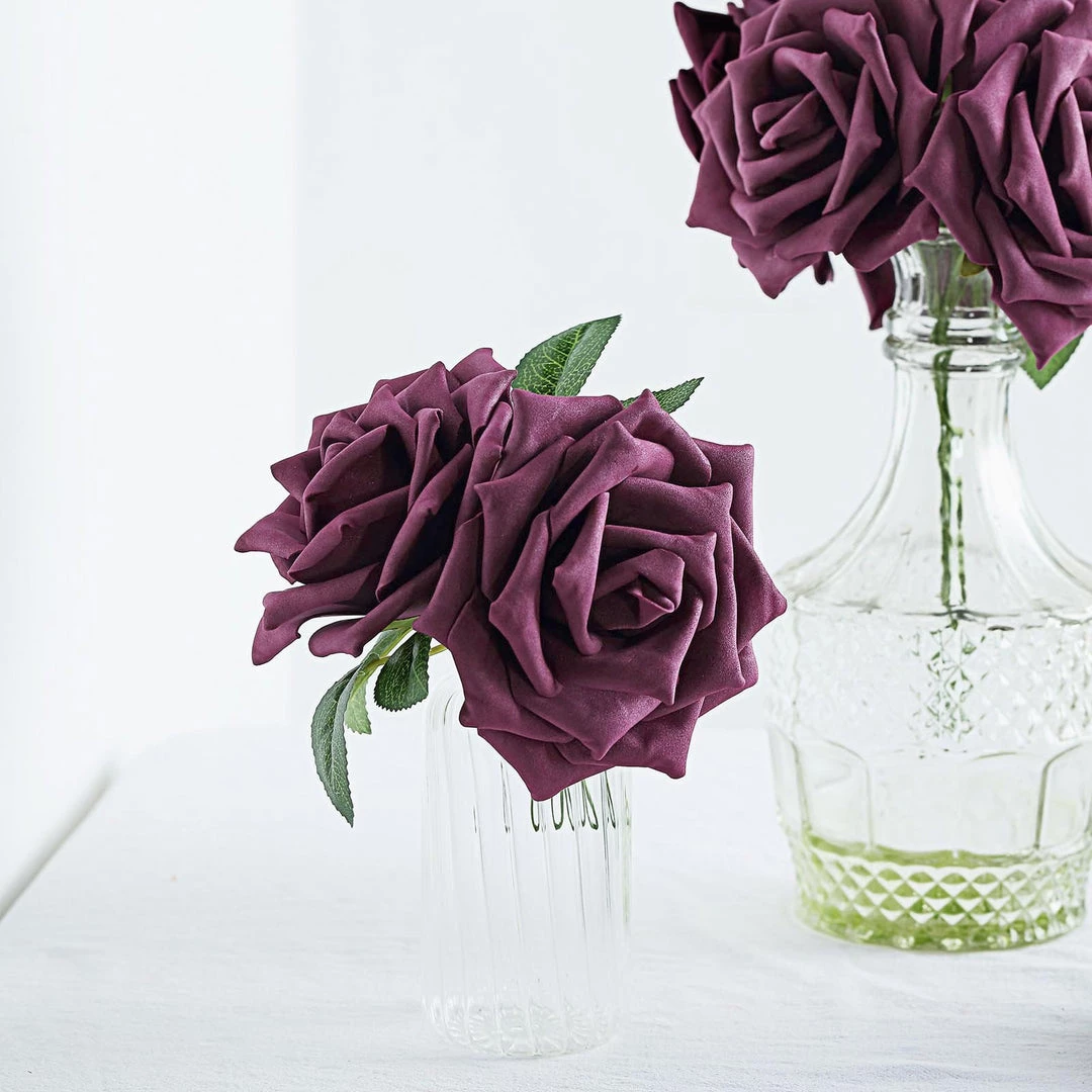 HIER_5120 24 Roses | 5" Eggplant Artificial Foam Rose With Stems And Leaves - 16 Colors Craft Flowers 4 HIER_5120 24 Roses | 5" Eggplant Artificial Foam Rose With Stems And Leaves - 16 Colors Craft Flowers