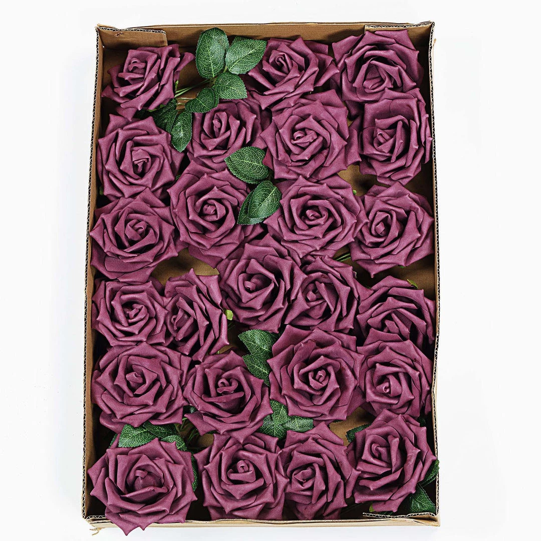 HIER_5120 24 Roses | 5" Eggplant Artificial Foam Rose With Stems And Leaves - 16 Colors Craft Flowers 9 HIER_5120 24 Roses | 5" Eggplant Artificial Foam Rose With Stems And Leaves - 16 Colors Craft Flowers