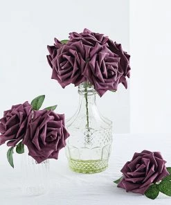 HIER_5120 24 Roses | 5" Eggplant Artificial Foam Rose With Stems And Leaves - 16 Colors Craft Flowers 17 HIER_5120 24 Roses | 5