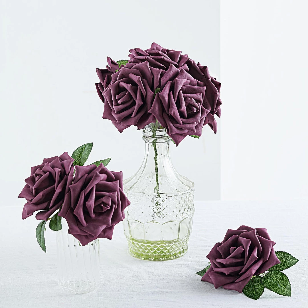 HIER_5120 24 Roses | 5" Eggplant Artificial Foam Rose With Stems And Leaves - 16 Colors Craft Flowers 6 HIER_5120 24 Roses | 5" Eggplant Artificial Foam Rose With Stems And Leaves - 16 Colors Craft Flowers