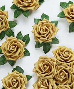HIER_5120 Craft Flowers 24 Roses | 5" Gold Artificial Foam Rose With Stems And Leaves - 16 Colors
