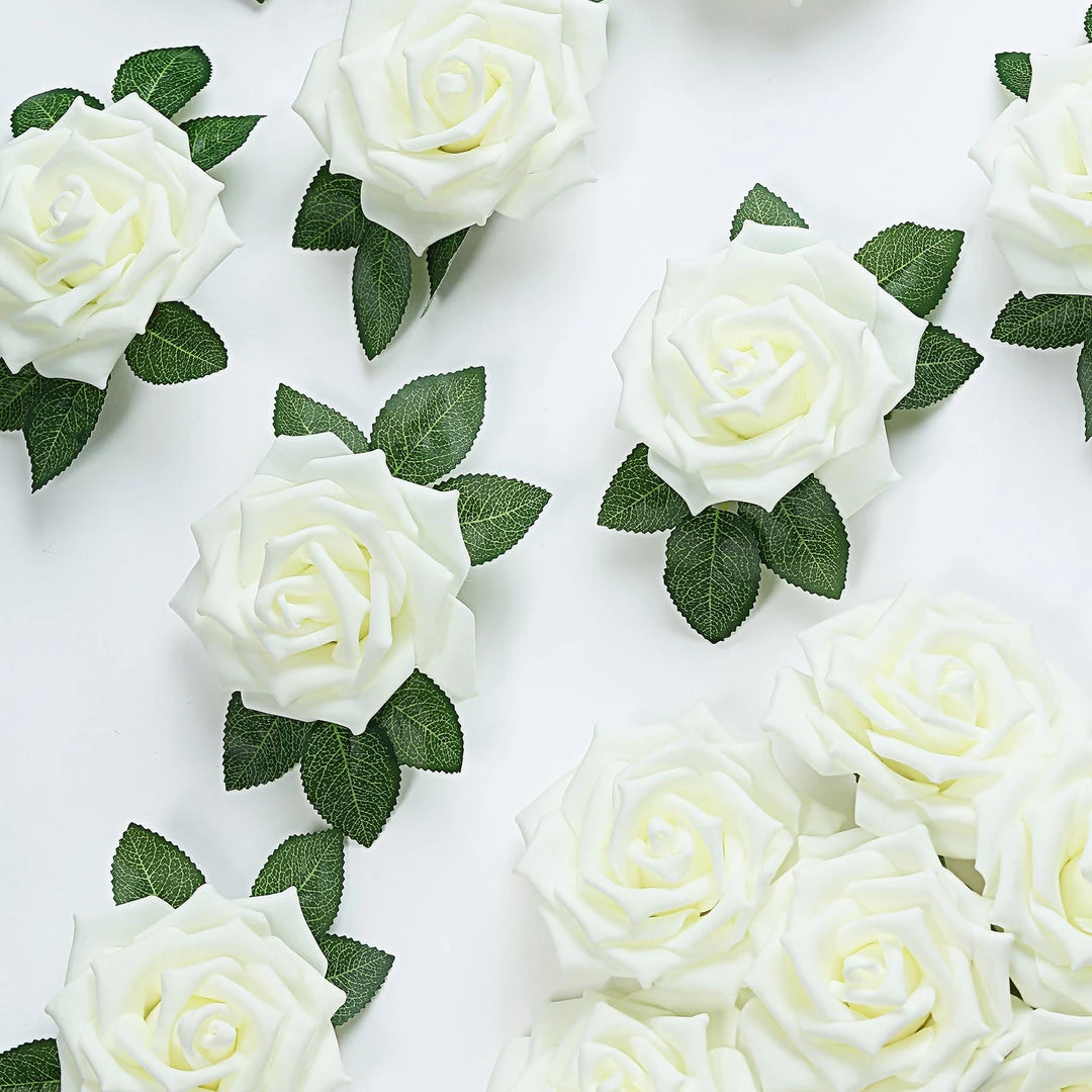 HIER_5120 24 Roses | 5" Ivory Artificial Foam Rose With Stems And Leaves - 16 Colors 5 HIER_5120 24 Roses | 5" Ivory Artificial Foam Rose With Stems And Leaves - 16 Colors