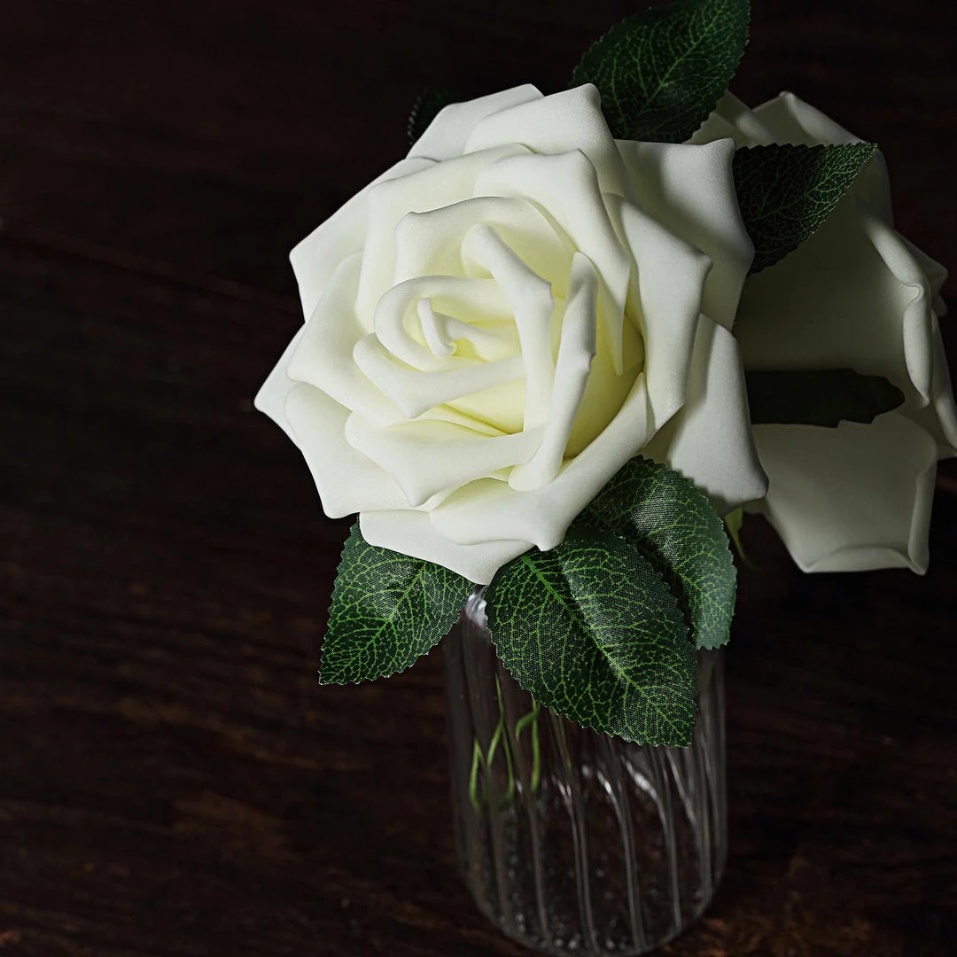 HIER_5120 24 Roses | 5" Ivory Artificial Foam Rose With Stems And Leaves - 16 Colors 10 HIER_5120 24 Roses | 5" Ivory Artificial Foam Rose With Stems And Leaves - 16 Colors