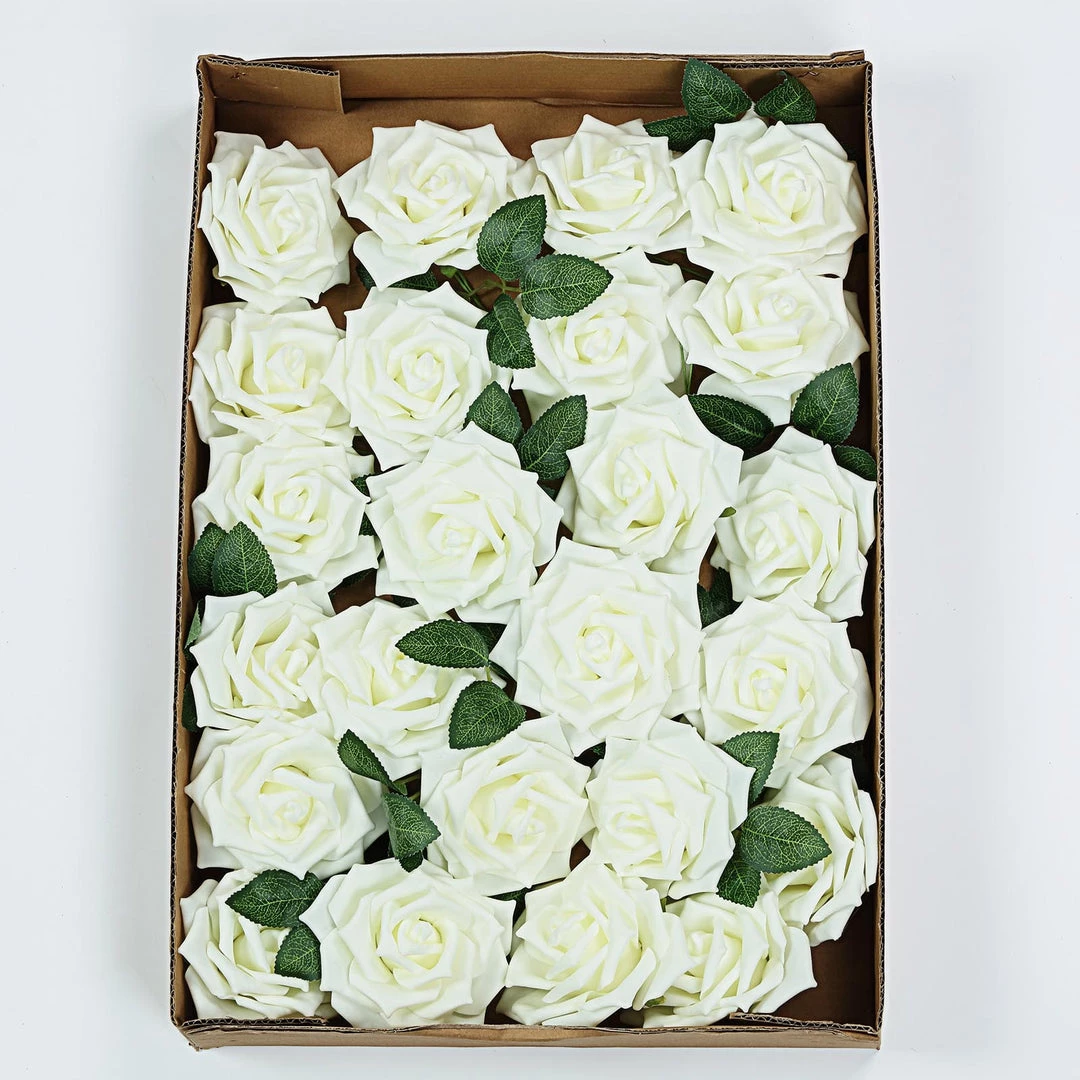 HIER_5120 24 Roses | 5" Ivory Artificial Foam Rose With Stems And Leaves - 16 Colors 9 HIER_5120 24 Roses | 5" Ivory Artificial Foam Rose With Stems And Leaves - 16 Colors