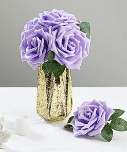 HIER_5120 24 Roses | 5" Lavender Artificial Foam Rose With Stems And Leaves - 16 Colors