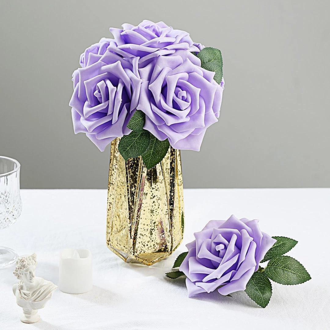 HIER_5120 24 Roses | 5" Lavender Artificial Foam Rose With Stems And Leaves - 16 Colors 3 HIER_5120 24 Roses | 5" Lavender Artificial Foam Rose With Stems And Leaves - 16 Colors