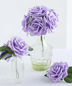HIER_5120 24 Roses | 5" Lavender Artificial Foam Rose With Stems And Leaves - 16 Colors