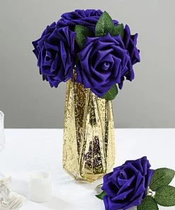 HIER_5120 Craft Flowers 24 Roses | 5" Purple Artificial Foam Rose With Stems And Leaves - 16 Colors