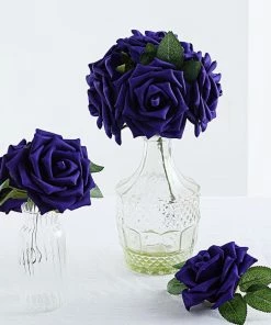 HIER_5120 Craft Flowers 24 Roses | 5" Purple Artificial Foam Rose With Stems And Leaves - 16 Colors