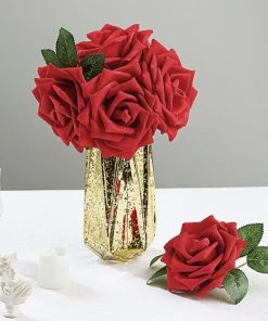 HIER_5120 24 Roses | 5" Red Artificial Foam Rose With Stems And Leaves - 16 Colors Craft Flowers