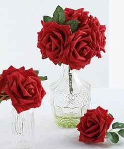HIER_5120 24 Roses | 5" Red Artificial Foam Rose With Stems And Leaves - 16 Colors Craft Flowers