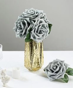 HIER_5120 24 Roses | 5" Silver Artificial Foam Rose With Stems And Leaves - 16 Colors Craft Flowers