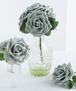 HIER_5120 24 Roses | 5" Silver Artificial Foam Rose With Stems And Leaves - 16 Colors Craft Flowers