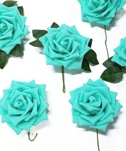 HIER_5120 24 Roses | 5" Turquoise Artificial Foam Rose With Stems And Leaves - 16 Colors 16 HIER_5120 24 Roses | 5