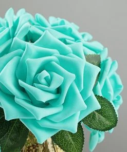 HIER_5120 24 Roses | 5" Turquoise Artificial Foam Rose With Stems And Leaves - 16 Colors 24 HIER_5120 24 Roses | 5