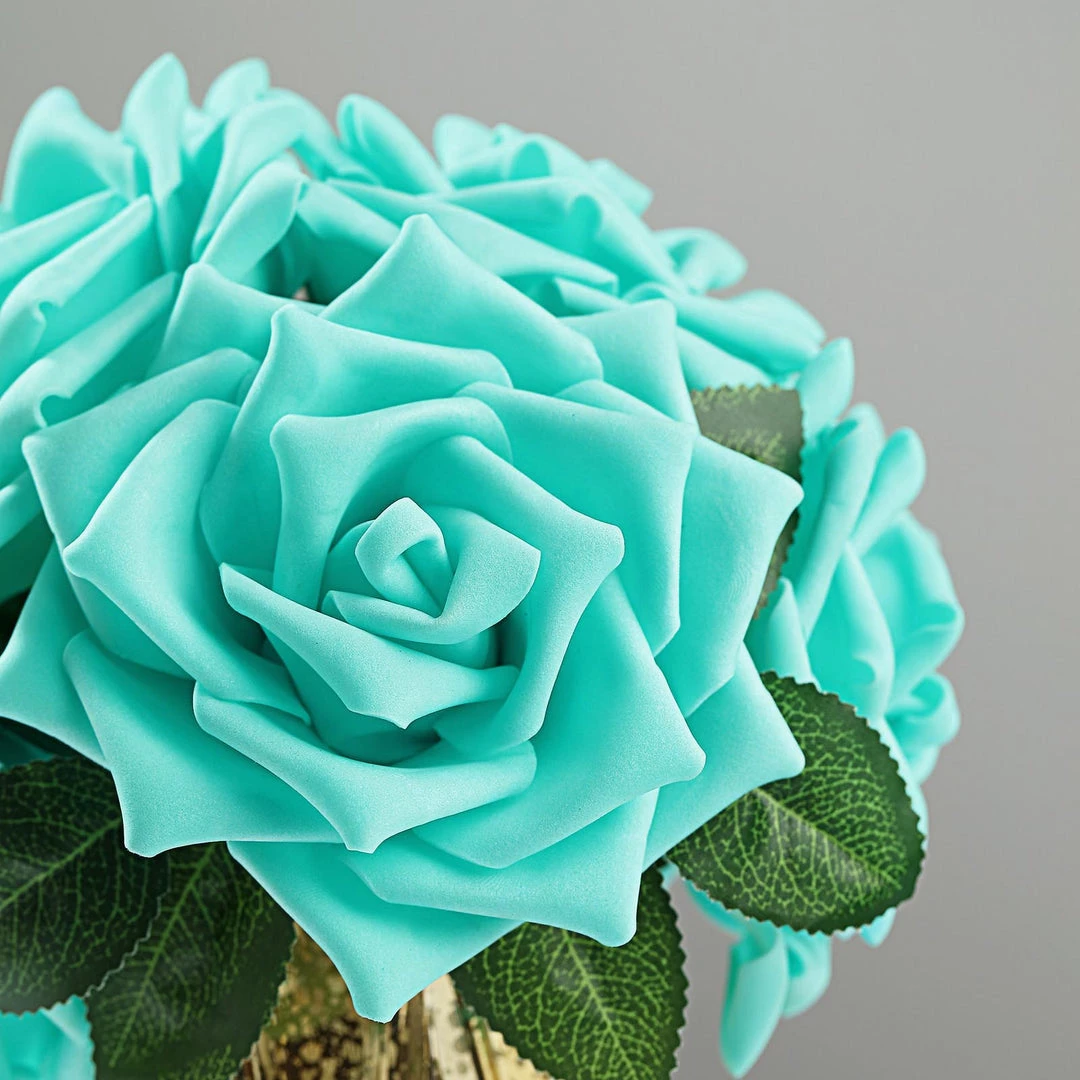 HIER_5120 24 Roses | 5" Turquoise Artificial Foam Rose With Stems And Leaves - 16 Colors 13 HIER_5120 24 Roses | 5" Turquoise Artificial Foam Rose With Stems And Leaves - 16 Colors