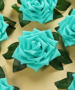 HIER_5120 24 Roses | 5" Turquoise Artificial Foam Rose With Stems And Leaves - 16 Colors 17 HIER_5120 24 Roses | 5