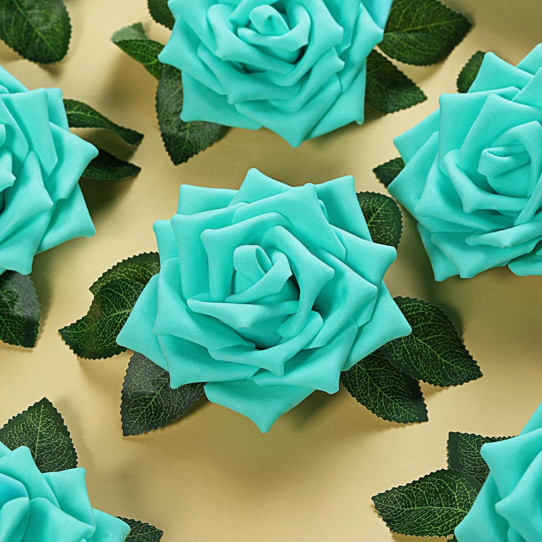 HIER_5120 24 Roses | 5" Turquoise Artificial Foam Rose With Stems And Leaves - 16 Colors 6 HIER_5120 24 Roses | 5" Turquoise Artificial Foam Rose With Stems And Leaves - 16 Colors