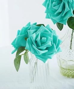 HIER_5120 24 Roses | 5" Turquoise Artificial Foam Rose With Stems And Leaves - 16 Colors 18 HIER_5120 24 Roses | 5