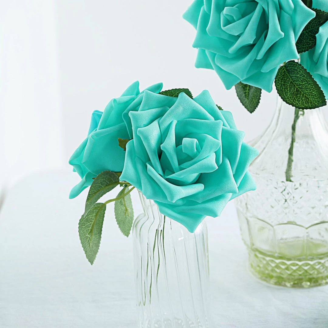 HIER_5120 24 Roses | 5" Turquoise Artificial Foam Rose With Stems And Leaves - 16 Colors 7 HIER_5120 24 Roses | 5" Turquoise Artificial Foam Rose With Stems And Leaves - 16 Colors
