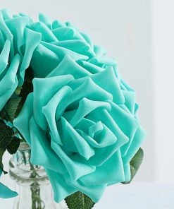 HIER_5120 24 Roses | 5" Turquoise Artificial Foam Rose With Stems And Leaves - 16 Colors 25 HIER_5120 24 Roses | 5