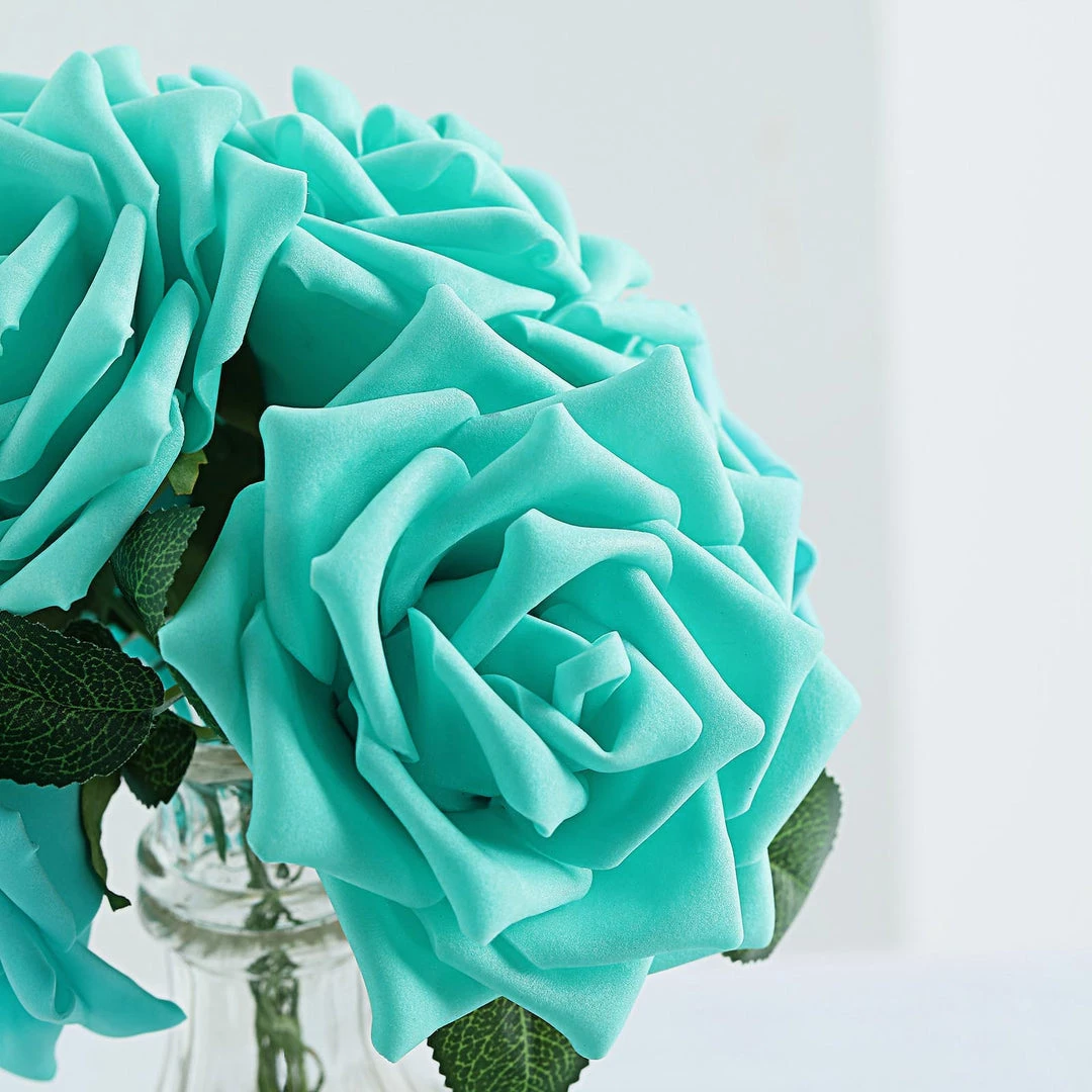 HIER_5120 24 Roses | 5" Turquoise Artificial Foam Rose With Stems And Leaves - 16 Colors 14 HIER_5120 24 Roses | 5" Turquoise Artificial Foam Rose With Stems And Leaves - 16 Colors