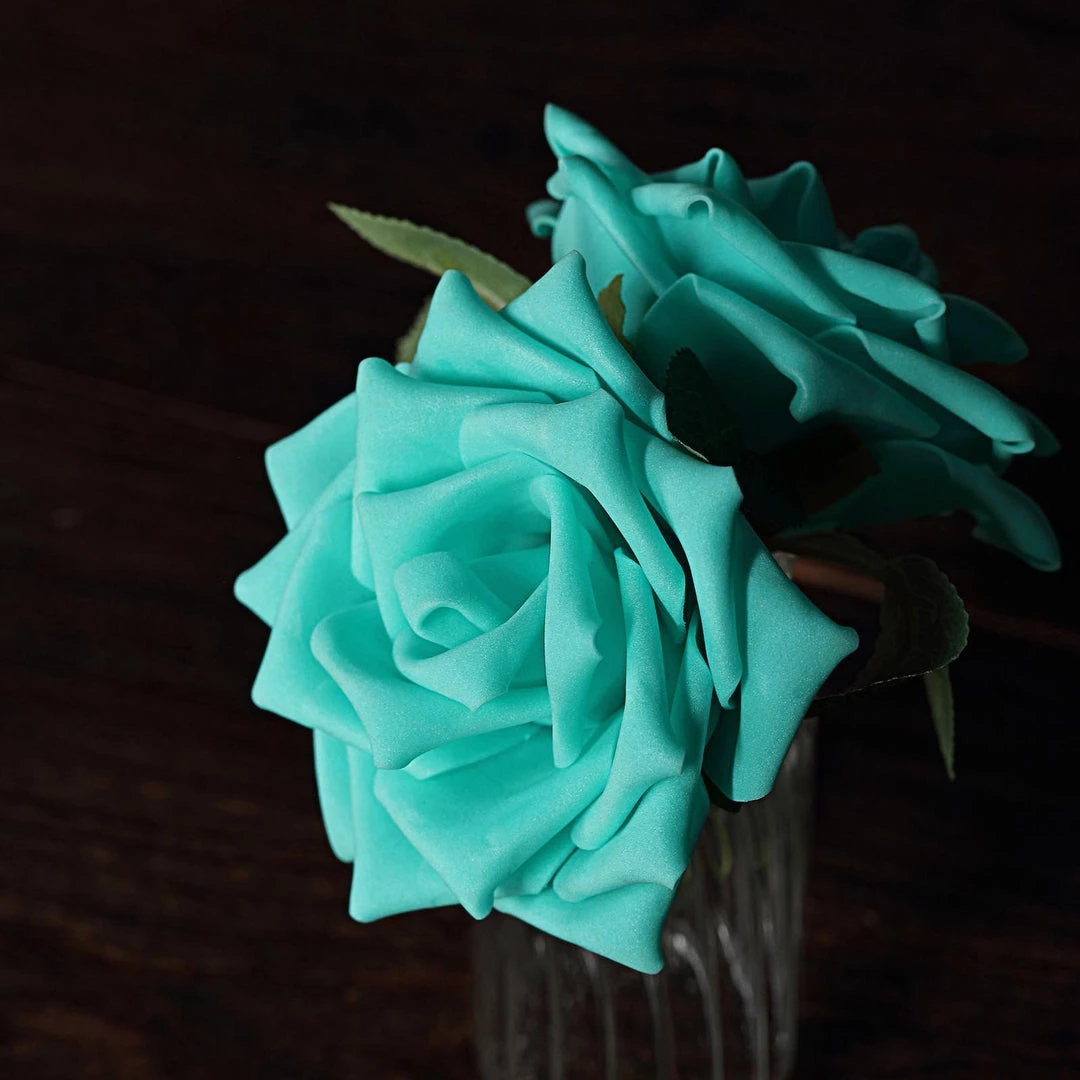 HIER_5120 24 Roses | 5" Turquoise Artificial Foam Rose With Stems And Leaves - 16 Colors 11 HIER_5120 24 Roses | 5" Turquoise Artificial Foam Rose With Stems And Leaves - 16 Colors